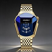economico Orologi al quarzo-Orologio da polso di lusso da uomo in oro, design creativo a scudo triangolare con esclusivo display a disco rotante, cristallo blu sfaccettato, cinturino in acciaio inossidabile, impermeabile,