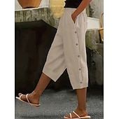  Dames Capri broeken Recht Casual / Dagelijks Comfortabel Kuitlengte Hoge taille Effen Kleur Lapwerk Zak Knoop Comfort Inelastisch Casual Vakantie Zwart Marineblauw Bruin Militair Groen Zomer Lente