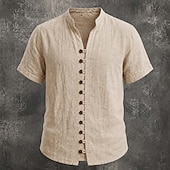 cheap Classic-Men Linen Shirt Summer Shirt Beach Wear Button Up Shirt Plain Casual Vacation Black White Pink Sky Blue Short Sleeve Stand Collar Spring &amp; Summer Summer Clothing Apparel Buttons