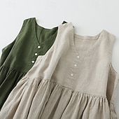 رخيصةأون فساتين-نسائي فستان ميدي 100% Cotton عتيق مناسب للبس اليومي فضفاض صالح سهل بدون كم V رقبة هيذر أخضر عسكري الصيف الربيع