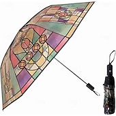 cheap Umbrellas-Vintage Stained Automatic Umbrella, Automatic Open &amp; Close Folding Rain Umbrella for Women, Compact Travel Parasol, Windproof Collapsible Umbrella, Cute Aesthetic Gift Umbrella for Girls