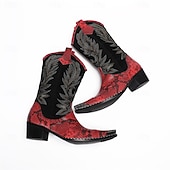 tanie Wysokiej jakości skórzane buty-męskie czerwone haftowane kowbojskie buty – zabytkowe, westernowe buty do jazdy konnej, designerskie obuwie na rodeo, koncerty country, festiwale muzyczne i występy sceniczne