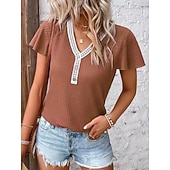 Mujer Camiseta Camiseta superior Encaje Retazos Color sólido Elegante Moda Estilo lindo Manga Corta Mangas anchas Escote en Pico Tops regulares Casual Negro Rosa Vino Azul Marino Marrón Verano