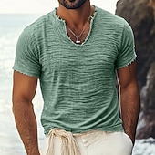 cheap Cotton Linen T-shirts-Men's T Shirt Linen T-Shirt Short Sleeve V Neck Summer Spring Solid Color Plain Textured Vacation Vintage Sports Raw Edge Distressed Casual Home Outdoor White Black Wine Top Tee for Men