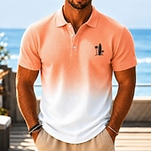 cheap Men's Hawaiian Polo-Men's Gradient Waffle Polo Shirts Short Sleeve Polo Shirts Collared Shirts Resort Athleisure Daily Wear 3D Print Buttons Breathable Mesh Spring &amp; Summer Blue Orange Brown