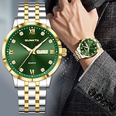 abordables Relojes de Cuarzo-Reloj de negocios de lujo para hombre Sunkta, esfera verde, correa de acero inoxidable bicolor, resistente al agua, movimiento de cuarzo con calendario de día y fecha, números romanos, marcadores de
