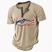 abordables Casual Henley Tee-Men's American US Flag Fish Henley Shirt Raglan T Shirt Short Sleeve Fashion Designer Casual Casual Daily Outdoor Summer Blue Gray Green Red Beige Henley Collar Henley Henley T-Shirt