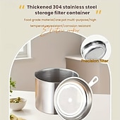  Coletor de gordura para bacon com cabo em aço inoxidável 304, com escorredor e tampa. &Bandeja antiderrapante, recipiente para gordura de cozinha com capacidade para 1,3 l/44 oz, filtro de malha fina