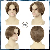 economico Parrucche uomo-parrucca corta liscia da uomo marrone con riga centrale, parrucca sintetica resistente al calore, parrucca divertente per uomo, per uso quotidiano, feste, cosplay, costume di Halloween