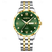 abordables Relojes de Cuarzo-Reloj de negocios de lujo para hombre Sunkta, esfera verde, correa de acero inoxidable bicolor, resistente al agua, movimiento de cuarzo con calendario de día y fecha, números romanos, marcadores de