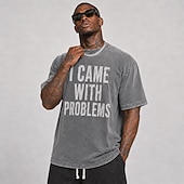  Camiseta masculina "I came with problems" 100% algodão, lavagem ácida, tecido pesado, manga curta, estampa DTG, gola redonda, moda casual, para o dia a dia, férias, nas cores azul, preta e vermelha,