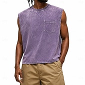cheap Tank Tops-Men's Tank Top Vest Top 100% Cotton Acid Wash Shirt Sleeveless Crew Neck Hooded Zip Summer Spring Plain Fashion Designer Basic Plain Casual Vacation Street Black Purple Light Blue Top Tee for Men