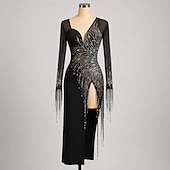 cheap Competition Dress-Women's Black Latin Dance Dress - Professional Salsa Samba Competition Gown - Vibrant Rhinestone &amp; Beaded Fringe Performance Wear - Sheer Mesh Sleeve Ballroom Outfit