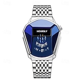 economico Orologi al quarzo-Orologio da polso di lusso da uomo in oro, design creativo a scudo triangolare con esclusivo display a disco rotante, cristallo blu sfaccettato, cinturino in acciaio inossidabile, impermeabile,