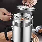  Coletor de gordura para bacon com cabo em aço inoxidável 304, com escorredor e tampa. &Bandeja antiderrapante, recipiente para gordura de cozinha com capacidade para 1,3 l/44 oz, filtro de malha fina