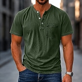 cheap Casual Henley Tee-Men's Henley Shirt 100% Cotton Acid Wash Shirt T shirt Tee Short Sleeve Plain Retro Vintage Casual Distressed Vintage Style Washed Henley Casual Spring &amp; Summer Summer Spring Black Light Green Pink