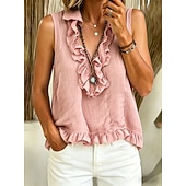  Mulheres Camisa Social Blusa Frufru Côr Sólida Moda Diário Casual Sem Manga Decote V Tops longos Casual Preto Branco Rosa Castanho Claro Azul Céu Verão Primavera