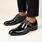 cheap Classic Dress Shoes-Men's Black Patent Monk Strap Dress Shoes, Pointed Toe Formal Shoes, Elegant Business Shoes for Wedding, Office, Party