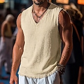 abordables Tank Tops-Men's Linen Tank Top Sleeveless Shirt Sleeveless V Neck Spring &amp; Summer Summer Plain Fashion Designer Basic Soft Raw Edge Casual Beach Vacation Blue Black Red Top Tee for Men