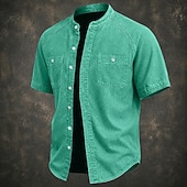 cheap Men's Smart Casual Shirts-SoftFade™ Men Shirt Casual Shirt Button Up Shirt Cotton Acid Wash Shirt Black Light Green Pink Purple khaki Short Sleeve Plain Grandad Collar Casual Daily Front Pocket Clothing Apparel Elegant Fashion