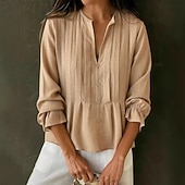  Mujer Camisa Blusa Frunce Color sólido Plano Elegante Moda Diario Manga Larga Campana Escote en Pico Tops largos Casual Diario Rojo Azul cielo Color Caquí Verano Primavera