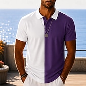 cheap Men's Hawaiian Polo-Men's Color Block Hawaiian Polo Shirts Short Sleeve Polo Shirts Lapel Casual Resort Athleisure 3D Print Buttons Breathable Mesh Spring &amp; Summer Blue Navy Blue Purple
