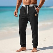 cheap Holiday-Men's Linen Pants Summer Pants Beach Pants Drawstring Elastic Cuff Plain Comfortable Breathable Full Length Casual Daily Beach Vacation Fashion Khaki Black Inelastic