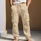 baratos Clássico-Men's Linen Pants Trousers Summer Pants Multi Pocket Straight Leg Plain Comfort Breathable Full Length Daily Outdoor Going out Fashion Streetwear Blue White