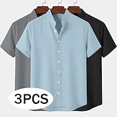 cheap Classic-Men Shirt Linen Shirt Summer Shirt Band Collar Shirt Button Up Shirt Plain Casual Daily Black+White+Gray Black+Blue+Gray White+Gray+Blue Orange+Gray+Black Short Sleeve Stand Collar Summer Clothing