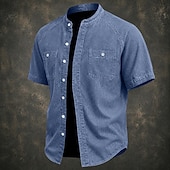 cheap Men's Smart Casual Shirts-SoftFade™ Men Shirt Casual Shirt Button Up Shirt Cotton Acid Wash Shirt Black Light Green Pink Purple khaki Short Sleeve Plain Grandad Collar Casual Daily Front Pocket Clothing Apparel Elegant Fashion