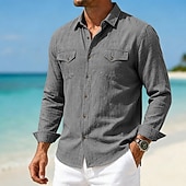 abordables Vacances-Hommes Chemise Chemise en lin Chemise d'été Tenue de plage Chemise Boutonnée Uni Occasionnel Quotidien Bleu Rose Claire bleu marine Bleu de minuit manche longue Col Printemps &amp; Été Été Vêtement Tenue