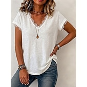  Mujer Camiseta Camiseta superior Encaje Retazos Color sólido Elegante Manga Corta Escote en Pico Tops regulares Casual Blanco Verano Primavera