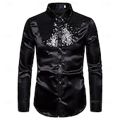 cheap Men's Satin Shirts-Men's Shirt Satin Shirt Dress Shirt Casual Shirt Solid Color Outdoor Work Black White Red Navy Blue Long Sleeve Turndown Summer Spring Clothing Apparel Sequins