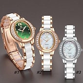 cheap Quartz Watches-Women's Rose Gold Fashion Watch, White Ceramic Style Link Bracelet, Mother of Pearl Dial with Crystal Bezel, Elegant Quartz Dress Wristwatch for Ladies, Perfect Jewelry Gift for Her