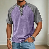 cheap Casual Henley Tee-Men's Henley Shirt Cotton Acid Wash Shirt Short Sleeve Color Block Patchwork Washed Retro Vintage Casual Henley Patchwork Vintage Style Color Block Henley Casual Summer Spring All Seasons Black