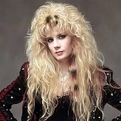 cheap Historical Wigs-Long Blonde Curly Wig for Women Blonde Rocker Punk 70s 80s Wig With Bangs Synthetic Fiber Wigs for Costume Halloween Cosplay Use