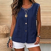 abordables Camisas-Mujer Chaleco de lino y algodón Camisa de verano Bordado Vintage Sin Mangas Cuello Barco Tops largos Casual Blanco Amarillo Azul Marino Verano Primavera