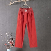  Mulheres Calças de linho de algodão Calças Calça verão Calças largas Sólido Clássico Mimolet Cintura Média Bolsos Folgado Design de cordão elástico Conforto Respirabilidade Macio Micro-Elástica