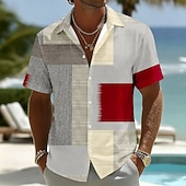 economico Geometrica-Per uomo Geometrico Plaid Color-blocking Camicia Camicia con Bottoni Manica Corta Moda Casual Quotidiano Vacanza al Mare Estate Primavera Collo ripiegato Stampa 3D Camicia tipo lino Blu Rosa Rosso