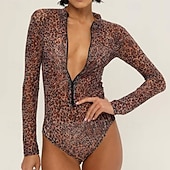 cheap One Pieces Rash Guards-Women's Bathing Suit One Piece Swimsuits Graphic Zip Up UV Protection Long Sleeve Swimwear Surfing Beach Vacation Spring