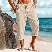cheap Holiday-Men's Capri shorts Linen Pants Summer Shorts Baggy Pants Front Pocket Straight Leg Cargo Pocket Plain Comfort Breathable Calf-Length Casual Daily Outdoor Vacation Fashion White Khaki Inelastic