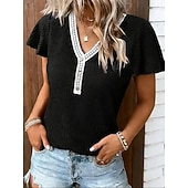  Mujer Camiseta Camiseta superior Encaje Retazos Color sólido Elegante Moda Estilo lindo Manga Corta Mangas anchas Escote en Pico Tops regulares Casual Negro Rosa Vino Azul Marino Marrón Verano