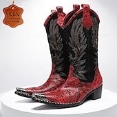 tanie Wysokiej jakości skórzane buty-męskie czerwone haftowane kowbojskie buty – zabytkowe, westernowe buty do jazdy konnej, designerskie obuwie na rodeo, koncerty country, festiwale muzyczne i występy sceniczne