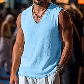 abordables Tank Tops-Men's Linen Tank Top Sleeveless Shirt Sleeveless V Neck Spring &amp; Summer Summer Plain Fashion Designer Basic Soft Raw Edge Casual Beach Vacation Blue Black Red Top Tee for Men