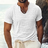 cheap Cotton Linen T-shirts-Men's T Shirt Linen T-Shirt Short Sleeve V Neck Summer Spring Solid Color Plain Textured Vacation Vintage Sports Raw Edge Distressed Casual Home Outdoor White Black Wine Top Tee for Men
