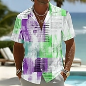 ieftine Model Geometric-Bărbați Geometric Artă abstractă Blocarea culorilor Cămașă Camașă cu nasturi Manșon scurt Moda Casual Zilnic Vacanta la plaja Vară Primăvară Răsfrânt Imprimare 3D Cămașă de in Albastru piscină Mov