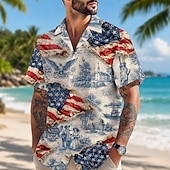  2026 250th Bărbați Tricou cu Steagul American US Flag cu Vultur Tricou cu Nasturi Manecă Scurtă Patriotic Zilnic Festival Vară Primăvară Guler Cuban Imprimare 3D Albastru