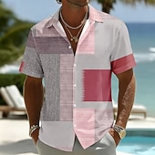 economico Geometrica-Per uomo Geometrico Plaid Color-blocking Camicia Camicia con Bottoni Manica Corta Moda Casual Quotidiano Vacanza al Mare Estate Primavera Collo ripiegato Stampa 3D Camicia tipo lino Blu Rosa Rosso