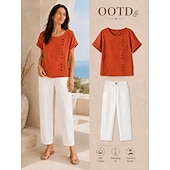  Femmes Pantalon en coton et lin Slacks Pantalon d'été 100% Coton Uni Classique Longueur cheville Taille Moyenne Avec Poches Bouffant Conception à cordon élastique Confort Respirabilité Doux