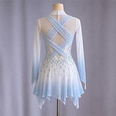 abordables Robes de Patinage Artistique-Robe de patinage artistique Femmes Patinage Robe Bleu + Blanc Patchwork Trou de pouce Élastique Entraînement Compétition Tenue de Patinage Classique cristal pailleté manche longue Patinage sur glace